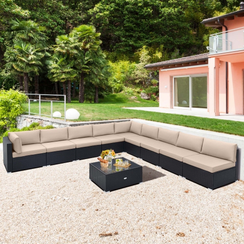 Costway 10 PCS Patio Rattan Furniture Set Outdoor Wicker Sofa Table Cushioned Seat Black/Brown