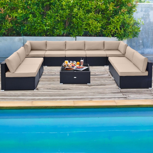 Costway 10 PCS Patio Rattan Furniture Set Outdoor Wicker Sofa Table Cushioned Seat Black/Brown