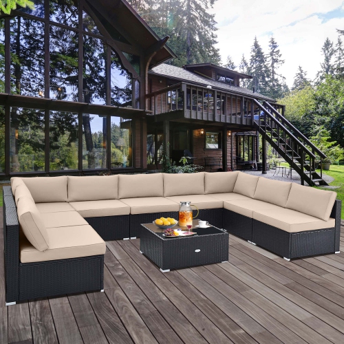 Costway 10 PCS Patio Rattan Furniture Set Outdoor Wicker Sofa Table Cushioned Seat Black/Brown