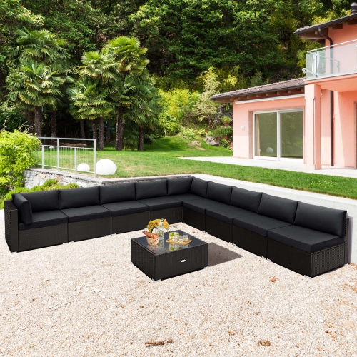 COSTWAY  10 PCs Patio Rattan Furniture Set Outdoor Wicker Sofa Table Cushioned Seat Black/brown