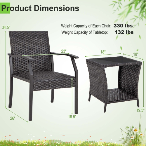 Costway 3 PCS Patio Conversation Set Wicker Chair Tempered Glass Table Cushioned Seat Quick Dry Foam All Weather
