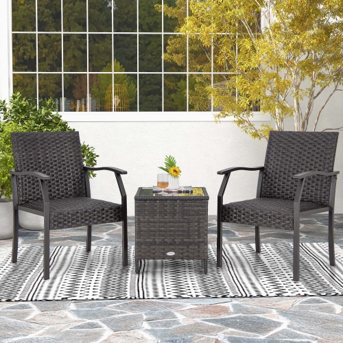 Costway 3 PCS Patio Conversation Set Wicker Chair Tempered Glass Table Cushioned Seat Quick Dry Foam All Weather