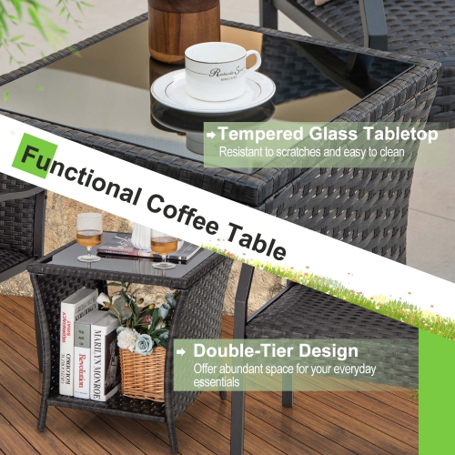 Costway 3 PCS Patio Conversation Set Wicker Chair Tempered Glass Table Cushioned Seat Quick Dry Foam All Weather