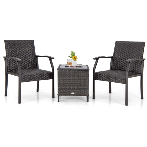 Costway 3 PCS Patio Conversation Set Wicker Chair Tempered Glass Table Cushioned Seat Quick Dry Foam All Weather