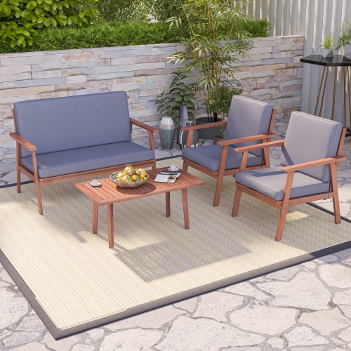Costway 4 PCS Patio Conversation Set Acacia Wood Sofa Coffee Table with Cushioned Seat