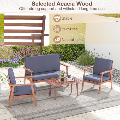 Costway 4 PCS Patio Conversation Set Acacia Wood Sofa Coffee Table with Cushioned Seat