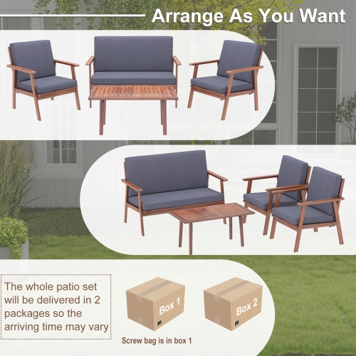 Costway 4 PCS Patio Conversation Set Acacia Wood Sofa Coffee Table with Cushioned Seat