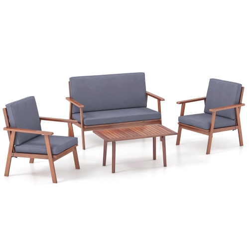 Costway 4 PCS Patio Conversation Set Acacia Wood Sofa Coffee Table with Cushioned Seat