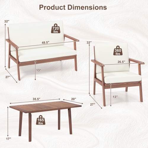 Costway 4 PCS Patio Conversation Set Acacia Wood Sofa Coffee Table with Cushioned Seat