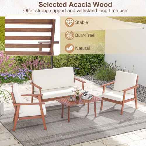 Costway 4 PCS Patio Conversation Set Acacia Wood Sofa Coffee Table with Cushioned Seat