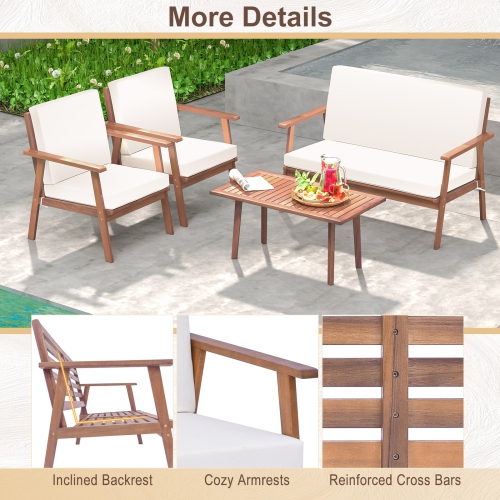 Costway 4 PCS Patio Conversation Set Acacia Wood Sofa Coffee Table with Cushioned Seat