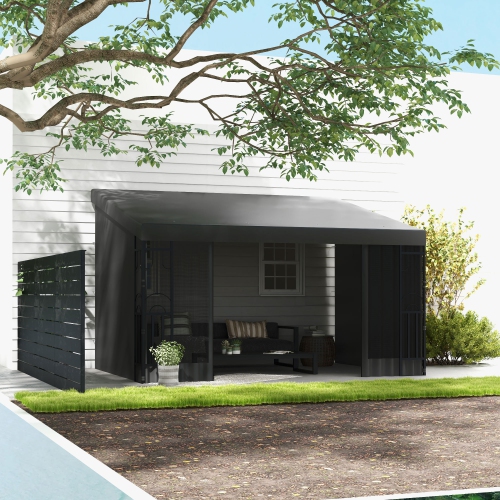 Auvent en pergola Outsunny de 10 x 13 pi avec 2 rideaux et 2 moustiquaires, abri pare-soleil extérieur pour terrasse murale, résistant aux rayons UV,