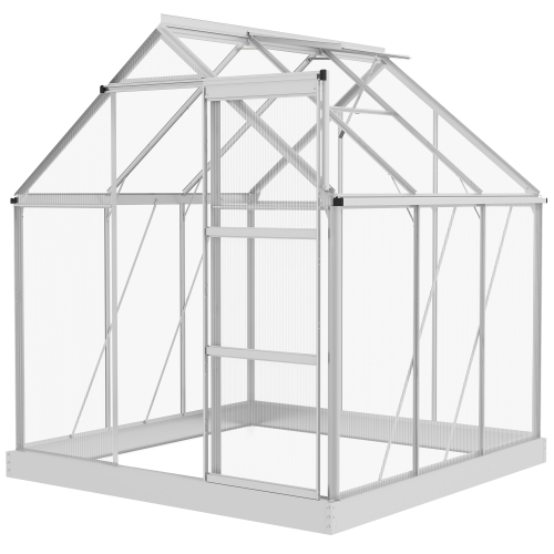 Serre en polycarbonate Outsunny de 6 x 6 pi, serre avec porte coulissante, évent réglable, cadre en aluminium et trousse de fondation, maison de