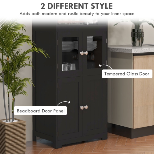 HOMCOM 64" Tall Kitchen Pantry Cabinet, Freestanding Storage Cabinet with Glass Doors and Adjustable Shelves, Kitchen Buffet Hutch, Black