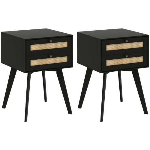 HOMCOM  Bedside Tables Set Of 2, Small Nightstands With 2 Drawers And Rattan Element, Boho Night Stands, Square Side Tables for Bedroom In Black