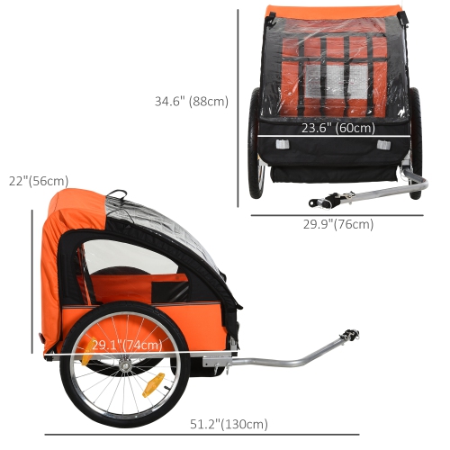 Aosom Double Bike Trailer for Kids Baby Toddler 80lbs Load w/ Steel Frame, 5-Point Safety Belts, Universal Bicycle Connect, Reflectors, Red Flag,