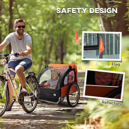 Aosom Double Bike Trailer for Kids Baby Toddler 80lbs Load w/ Steel Frame, 5-Point Safety Belts, Universal Bicycle Connect, Reflectors, Red Flag,