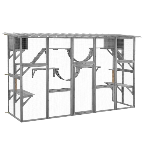 PawHut Catio, Large Outdoor Cat Enclosure with Cat Condos, Platforms, Ladders, Doors, Weather-Resistant Roof, Wooden Cat Cage for 1-4 Cats, Grey