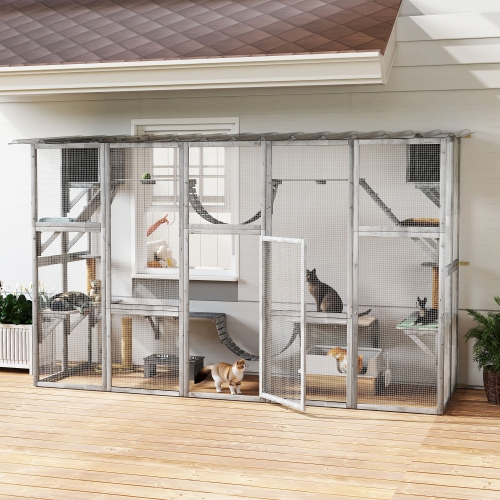 PawHut Catio, Large Outdoor Cat Enclosure with Cat Condos, Platforms, Ladders, Doors, Weather-Resistant Roof, Wooden Cat Cage for 1-4 Cats, Grey