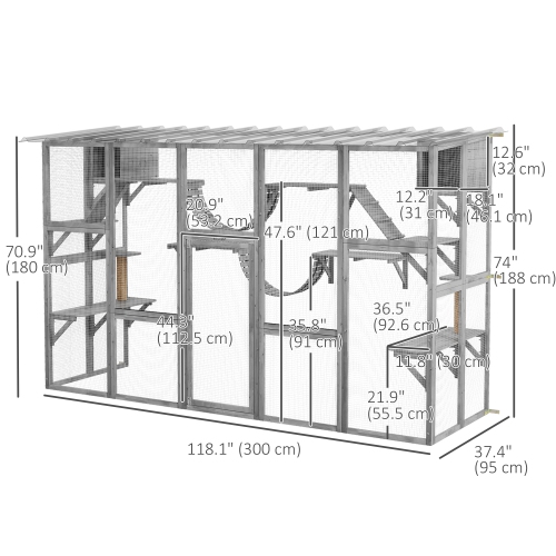 PawHut Catio, Large Outdoor Cat Enclosure with Cat Condos, Platforms, Ladders, Doors, Weather-Resistant Roof, Wooden Cat Cage for 1-4 Cats, Grey