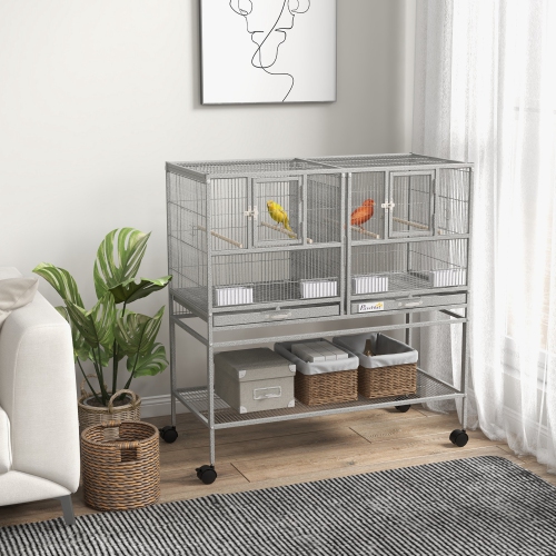 PawHut 40"H Divided Breeder Bird Cage with Rolling Stand Removable Metal Tray, Storage Shelf, Wood Perch, and Food Container, Light Grey