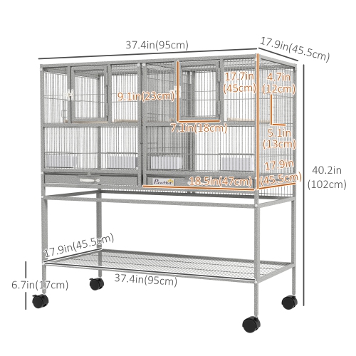 PawHut 40"H Divided Breeder Bird Cage with Rolling Stand Removable Metal Tray, Storage Shelf, Wood Perch, and Food Container, Light Grey