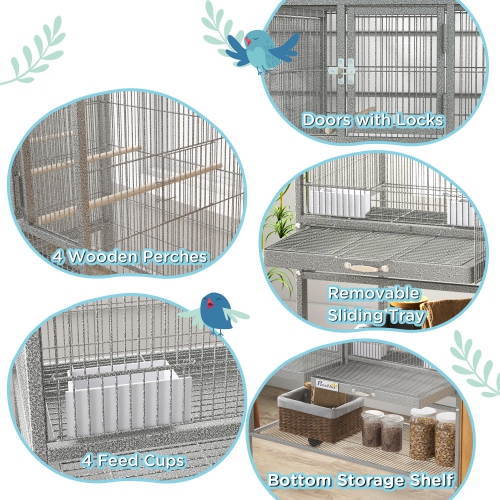 PawHut 40"H Divided Breeder Bird Cage with Rolling Stand Removable Metal Tray, Storage Shelf, Wood Perch, and Food Container, Light Grey