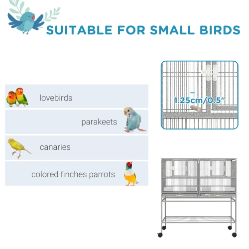 PawHut 40"H Divided Breeder Bird Cage with Rolling Stand Removable Metal Tray, Storage Shelf, Wood Perch, and Food Container, Light Grey