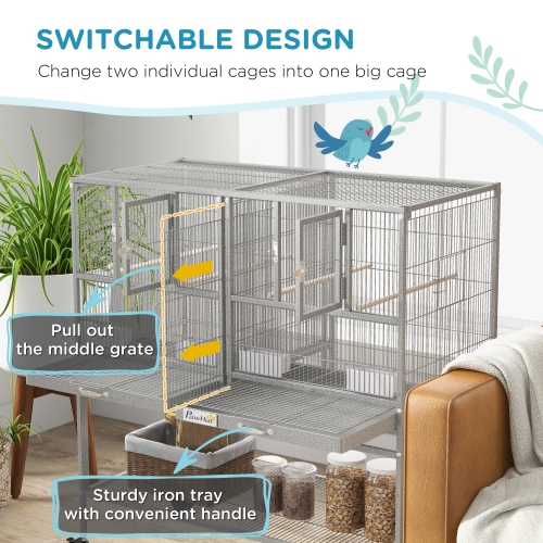 PawHut 40"H Divided Breeder Bird Cage with Rolling Stand Removable Metal Tray, Storage Shelf, Wood Perch, and Food Container, Light Grey