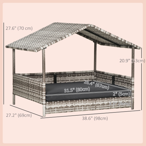 PawHut Rattan Dog House Outdoor with Canopy, Wicker Dog Bed with Water-Resistant Cushion, for Small and Medium Breeds Dark Grey