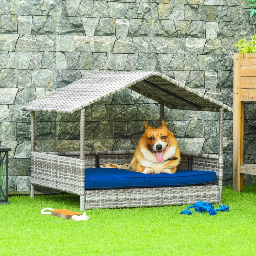 PawHut Rattan Dog House Outdoor with Canopy, Wicker Dog Bed with Water-Resistant Cushion, for Small and Medium Breeds Dark Blue