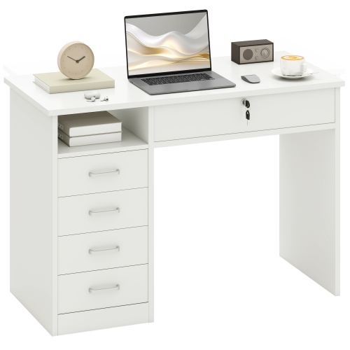 Vinsetto Computer Desk with Storage, Home Office Desk with Lockable Drawer and Open Compartment, White