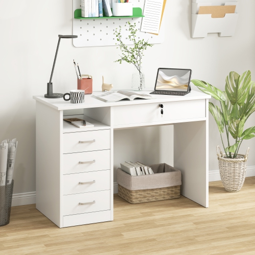 Vinsetto Computer Desk with Storage, Home Office Desk with Lockable Drawer and Open Compartment, White