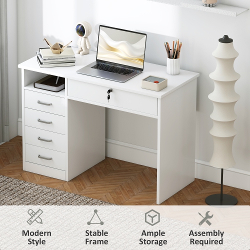 Vinsetto Computer Desk with Storage, Home Office Desk with Lockable Drawer and Open Compartment, White