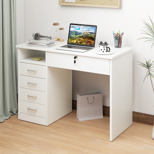 Vinsetto Computer Desk with Storage, Home Office Desk with Lockable Drawer and Open Compartment, White