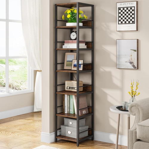 Tribesigns 74.8" Tall Narrow Bookshelf, 6-Tier Corner Storage Rack, Rustic Brown & Black