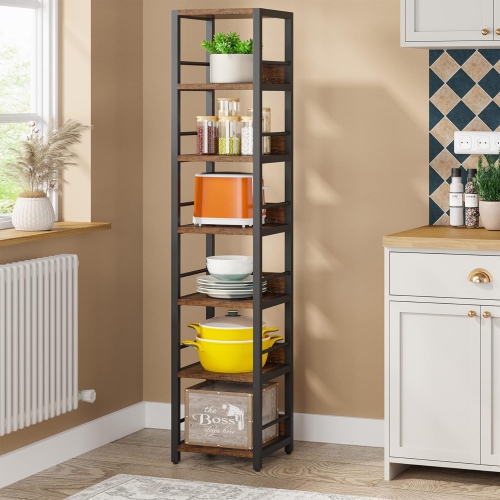 Tribesigns 74.8" Tall Narrow Bookshelf, 6-Tier Corner Storage Rack, Rustic Brown & Black