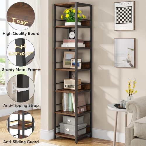 Tribesigns 74.8" Tall Narrow Bookshelf, 6-Tier Corner Storage Rack, Rustic Brown & Black