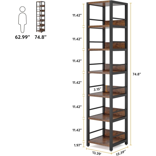 Tribesigns 74.8" Tall Narrow Bookshelf, 6-Tier Corner Storage Rack, Rustic Brown & Black