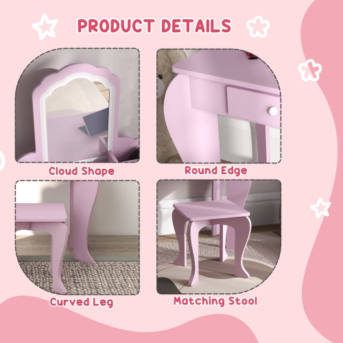 Qaba Kids Vanity Set with Mirror and Stool, Makeup Vanity Table for Children 3-6 Years Old, with Drawer Storage Boxes, Cloud-Design