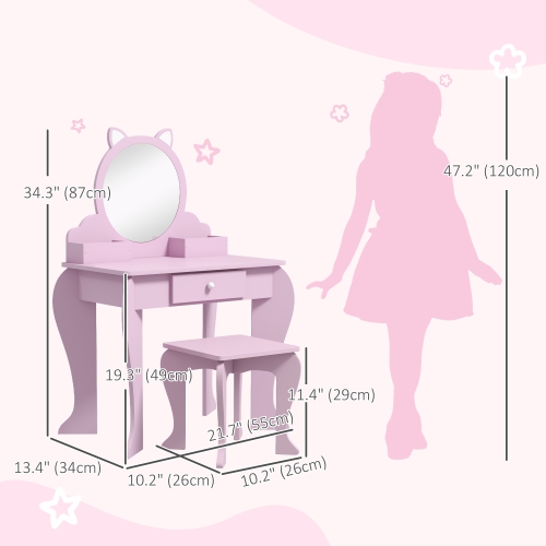 Qaba Kids Vanity Set with Mirror and Stool, Makeup Vanity Table for Children 3-6 Years Old, with Drawer Storage Boxes, Cat-Design