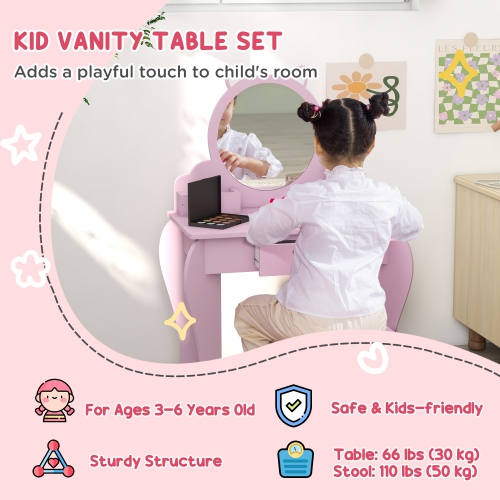 Qaba Kids Vanity Set with Mirror and Stool, Makeup Vanity Table for Children 3-6 Years Old, with Drawer Storage Boxes, Cat-Design