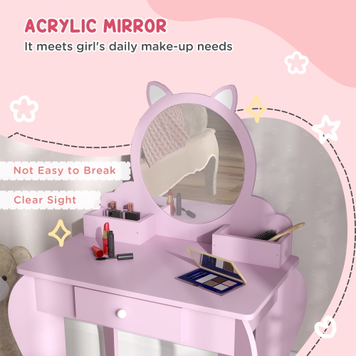 Qaba Kids Vanity Set with Mirror and Stool, Makeup Vanity Table for Children 3-6 Years Old, with Drawer Storage Boxes, Cat-Design