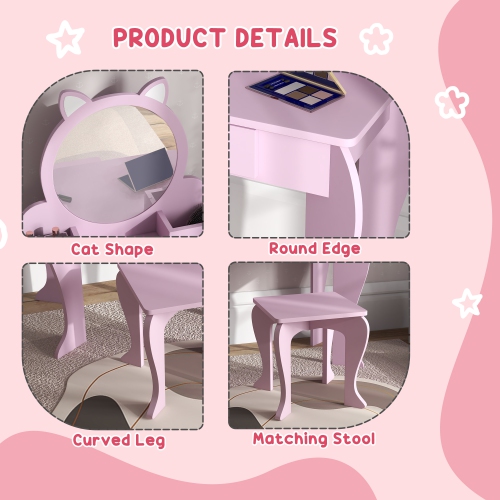 Qaba Kids Vanity Set with Mirror and Stool, Makeup Vanity Table for Children 3-6 Years Old, with Drawer Storage Boxes, Cat-Design