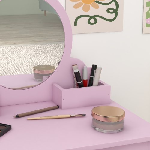 Qaba Kids Vanity Set with Mirror and Stool, Makeup Vanity Table for Children 3-6 Years Old, with Drawer Storage Boxes, Cat-Design