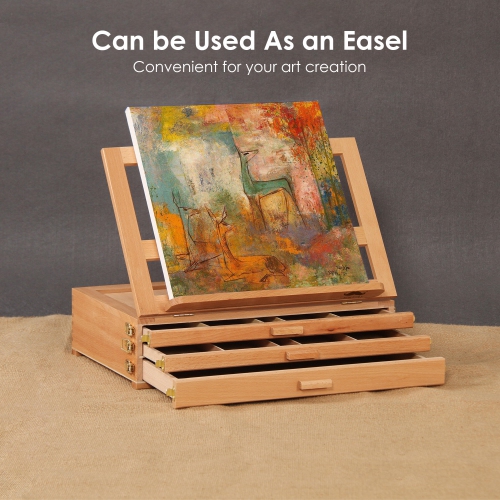 Versatile Tabletop Easel with 3 Drawers, Adjustable Solid Beech Wood Table Sketch Box and Portable Art Organizer Storage Box Easel