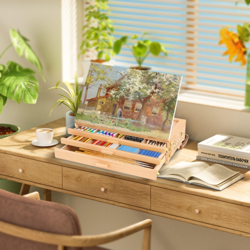 Versatile Tabletop Easel with 3 Drawers, Adjustable Solid Beech Wood Table Sketch Box and Portable Art Organizer Storage Box Easel