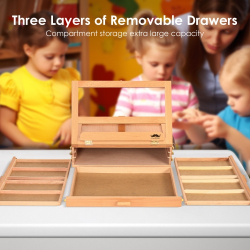 Versatile Tabletop Easel with 3 Drawers, Adjustable Solid Beech Wood Table Sketch Box and Portable Art Organizer Storage Box Easel