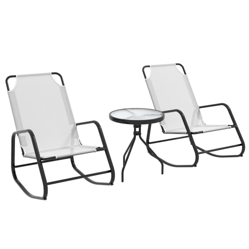 Outsunny Patio Rocking Chairs Set of 2, 3 Pieces Patio Bistro Set with Metal Frmae, Breathable Mesh Fabric Seat for Garden, Deck, White