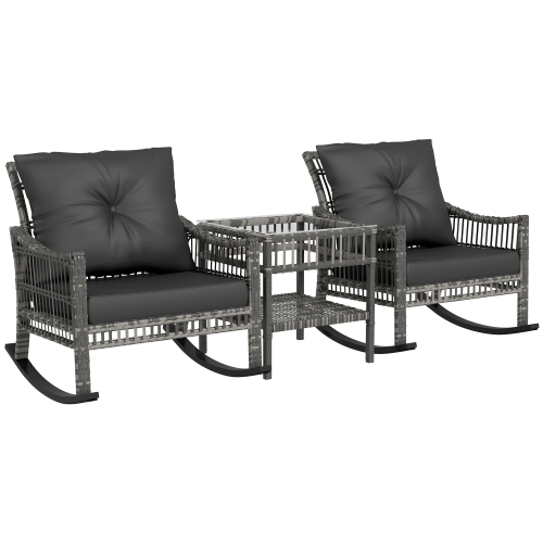 Outsunny 3 Pieces Outdoor PE Rattan Rocking Chair Set, Patio Wicker Rocker Chair Bistro set with Padded Cushions and Storage, for Garden Backyard